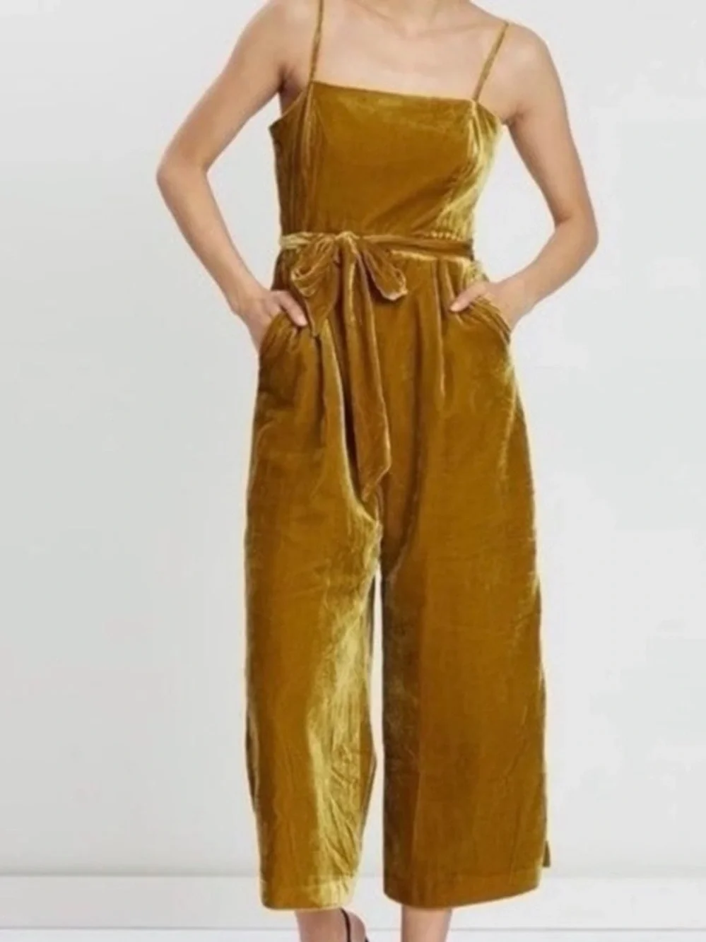 J. Crew Velvet Tie-Waist Spaghetti Strap Jumpsuit in Mustard
